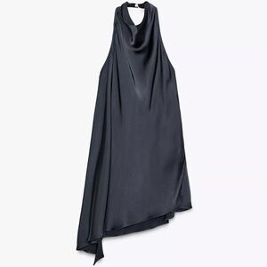 Navy Satin Halter Top with Asymmetrical Hem - Part of a Set